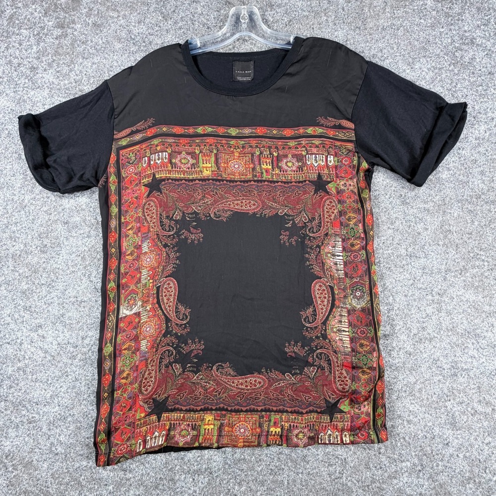 Zara Man‎ T Shirt Mens Medium Black Cotton Paisley Scarf Print European Classic